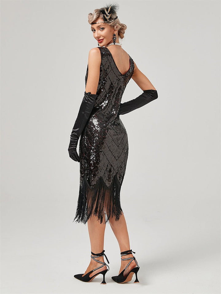 A-Line/Princess Jewel Neck Off-the-Shoulder Sleeveless Knee-Length Vintage Dress with Sequins &  Tassel Fringe