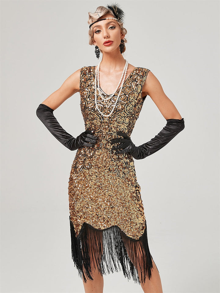 A-Line/Princess Jewel Neck Off-the-Shoulder Sleeveless Knee-Length Vintage Dress with Sequins &  Tassel Fringe