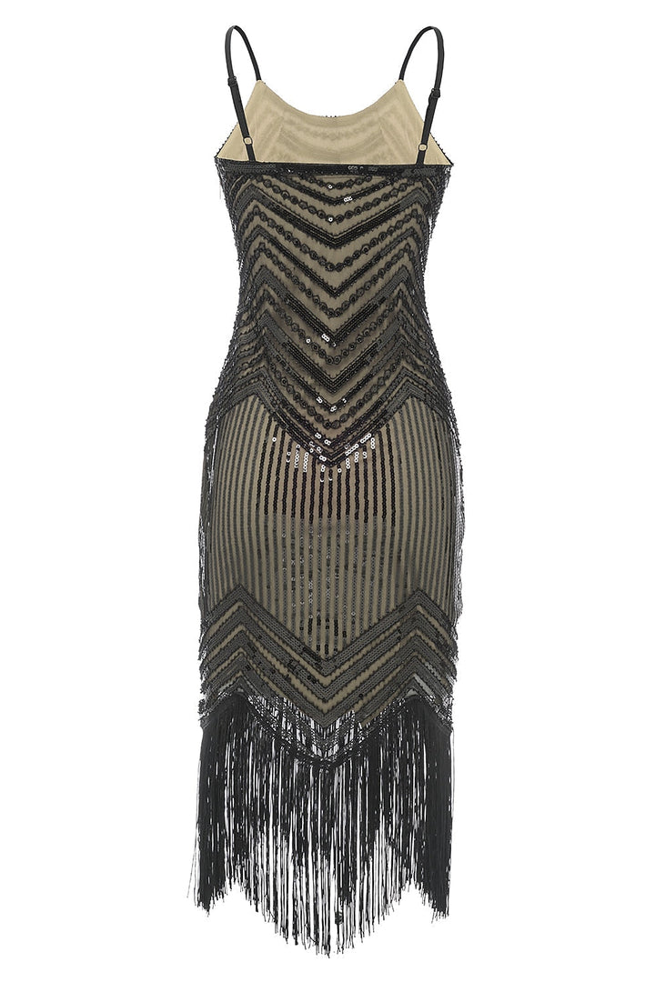 Sheath/Column Spaghetti Straps Sleeveless Tea-Length Vintage Dress with Sequins &Tassel Fringe