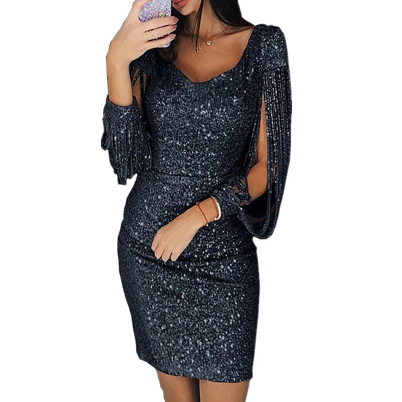 Sheath/Column V-Neck Long Sleeves Short/Mini Vintage Dress with Sequins &amp; Tassel Fringe