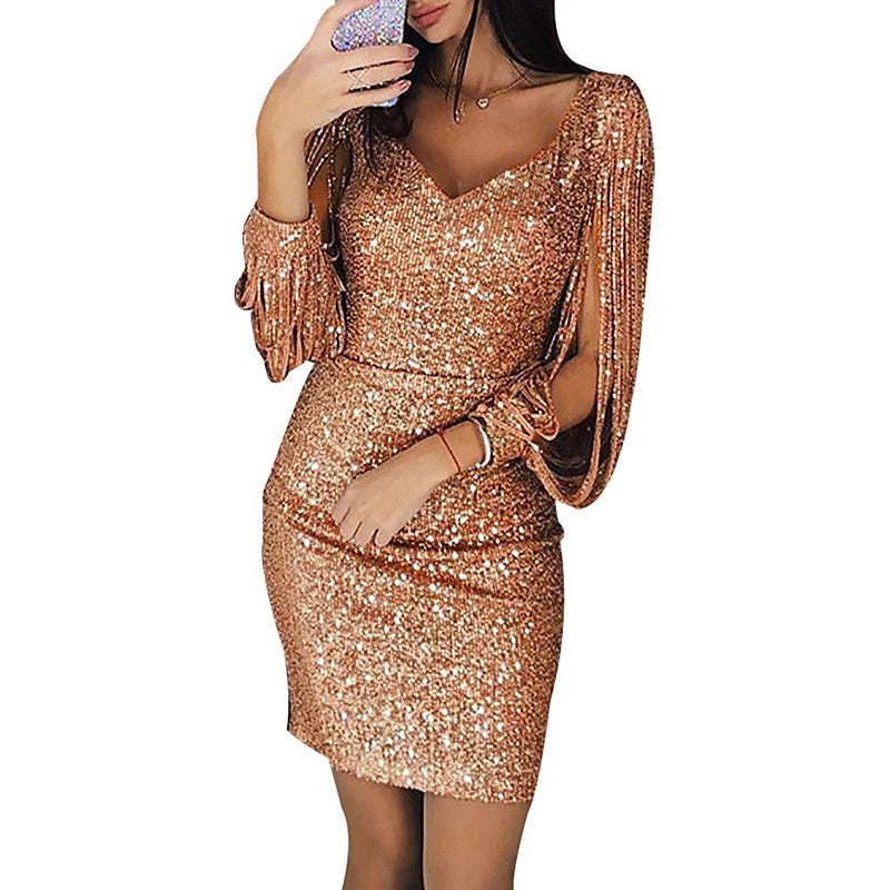 Sheath/Column V-Neck Long Sleeves Short/Mini Vintage Dress with Sequins &amp; Tassel Fringe