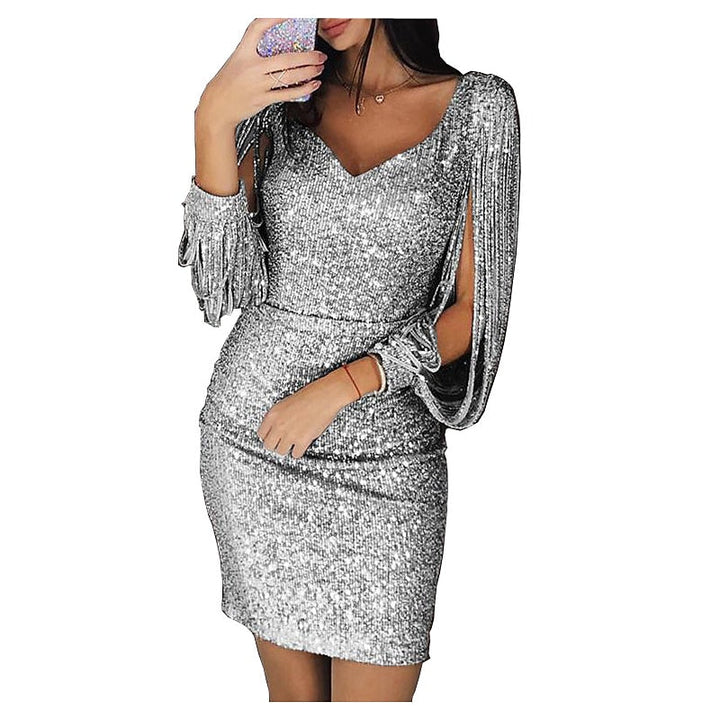 Sheath/Column V-Neck Long Sleeves Short/Mini Vintage Dress with Sequins &amp; Tassel Fringe