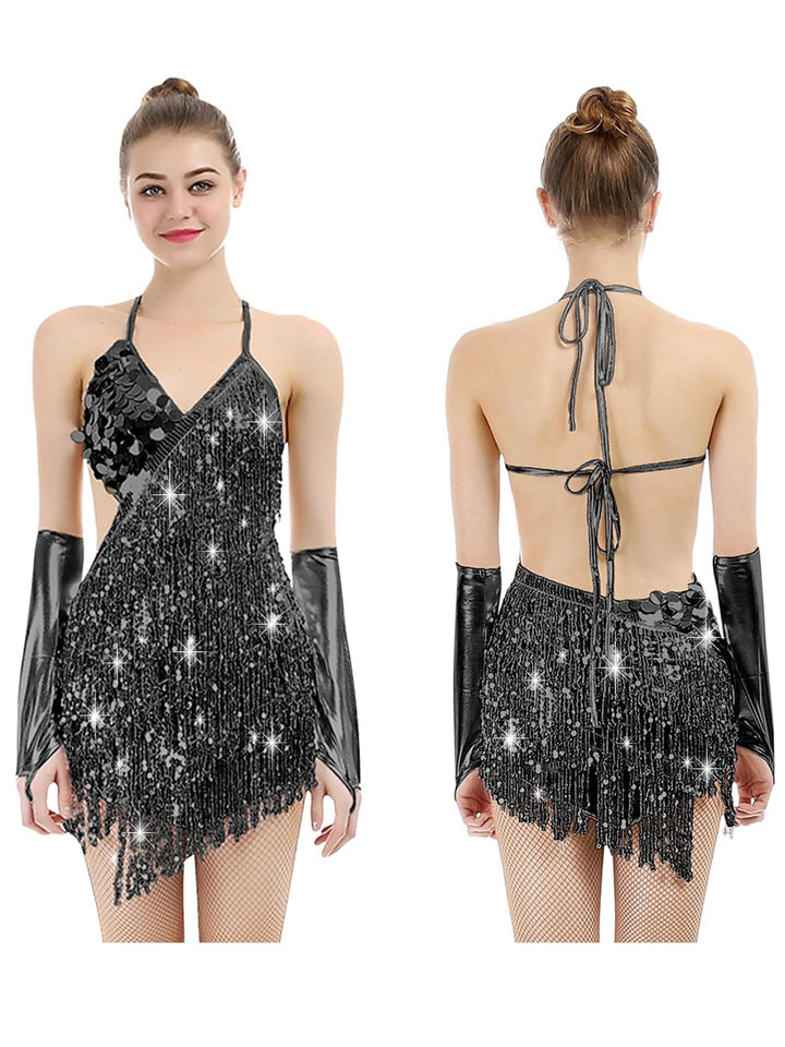A-Line/Princess V-Neck Halter Sleeveless Short/Mini Vintage Dress with Sequins &amp; Tassel Fringe