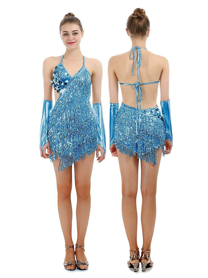 A-Line/Princess V-Neck Halter Sleeveless Short/Mini Vintage Dress with Sequins &amp; Tassel Fringe