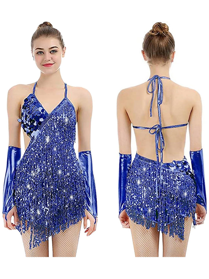 A-Line/Princess V-Neck Halter Sleeveless Short/Mini Vintage Dress with Sequins &amp; Tassel Fringe