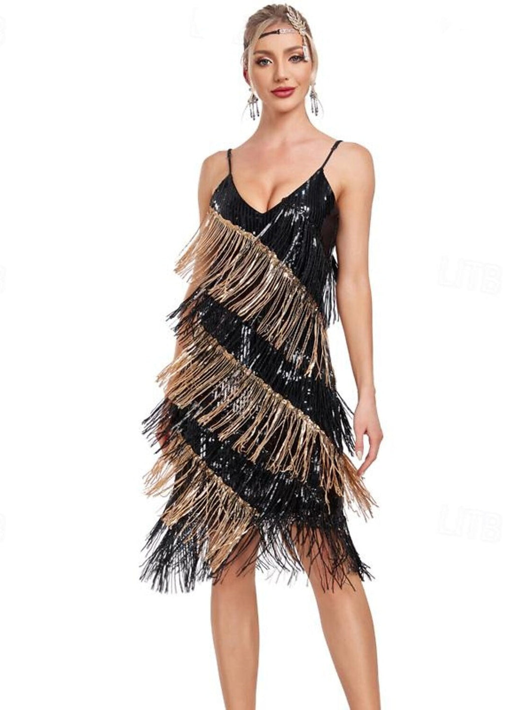 A-Line/Princess Spaghetti Straps V-Neck Sleeveless Knee-Length Vintage Dress with Sequins &Tassel Fringe