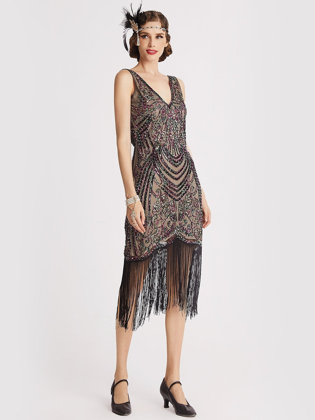 A-Line/Princess V-Neck Sleeveless Knee-Length Vintage Dress with Sequins &Tassel Fringe