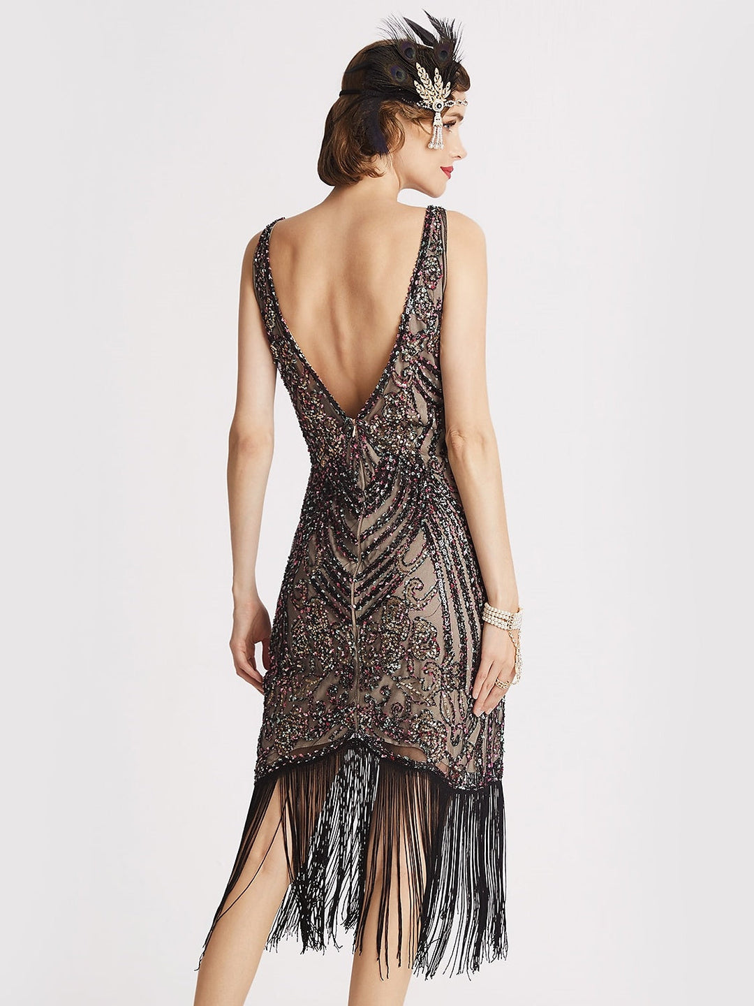 A-Line/Princess V-Neck Sleeveless Knee-Length Vintage Dress with Sequins &Tassel Fringe