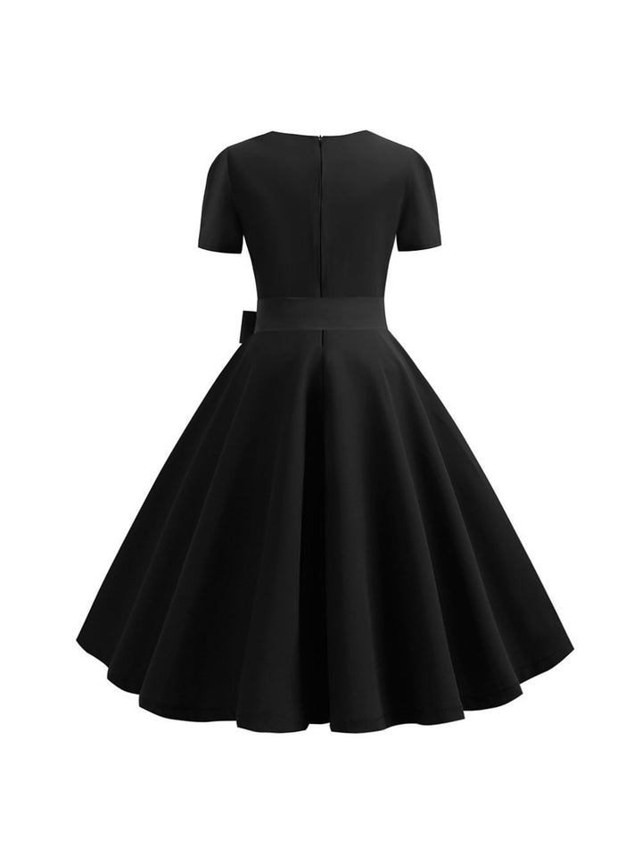 A-Line/Princess Scoop Short Sleeves Tea-Length Vintage Dress With Knotbow