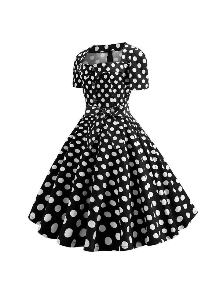 A-Line/Princess Scoop Short Sleeves Tea-Length Vintage Dress With Knotbow