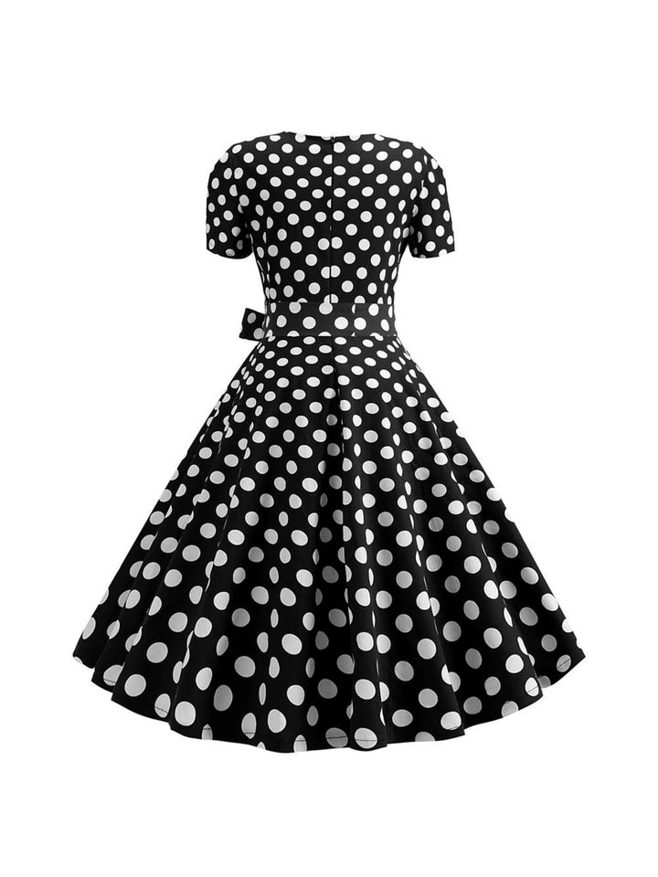 A-Line/Princess Scoop Short Sleeves Tea-Length Vintage Dress With Knotbow