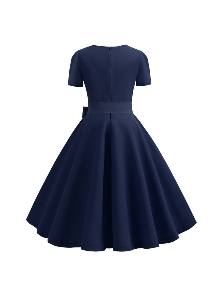 A-Line/Princess Scoop Short Sleeves Tea-Length Vintage Dress With Knotbow