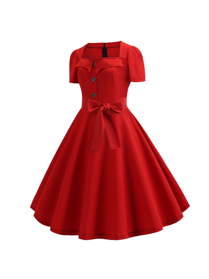 A-Line/Princess Scoop Short Sleeves Tea-Length Vintage Dress With Knotbow