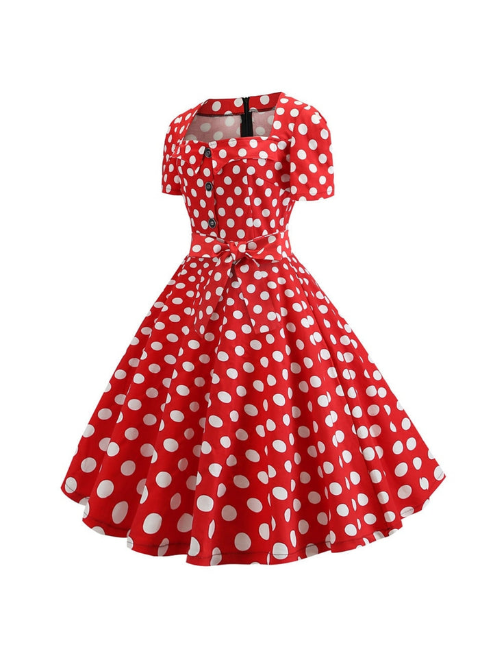 A-Line/Princess Scoop Short Sleeves Tea-Length Vintage Dress With Knotbow