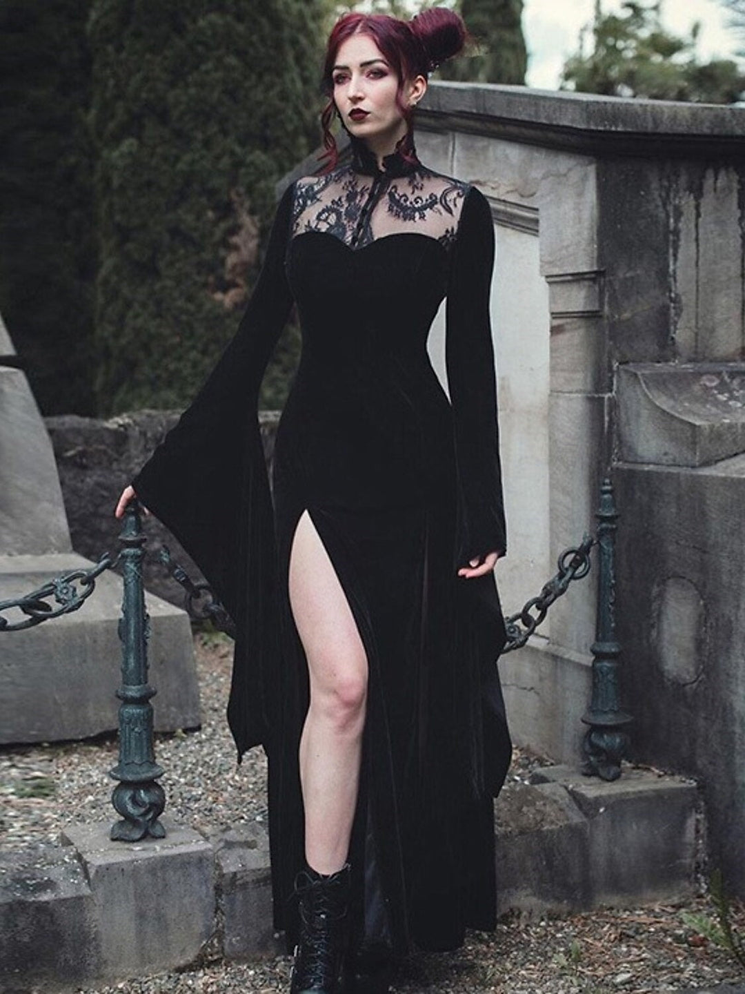 A-Line/Princess Jewel Neck Long Sleeves Floor-Length Vintage Dress with Split Side