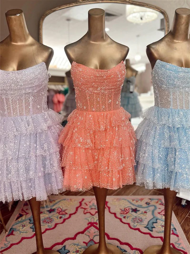 A-Line/Princess Strapless Sleeveless Short/Mini Party Dance Cocktail Homecoming Dress With Pleats & Ruffles