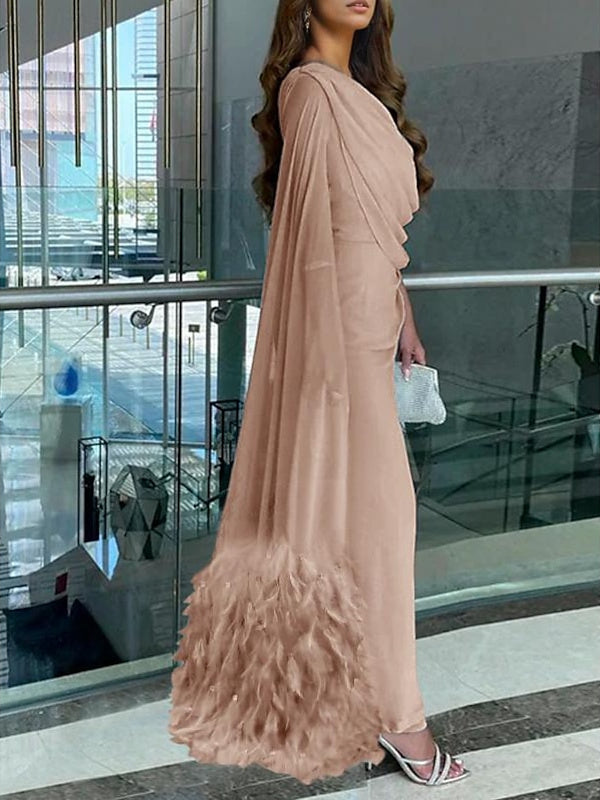 Sheath/Column Sweep/Brush Train Sleeveless Cowl Neck Prom Dress  Chiffon with Feather Ruched Slit