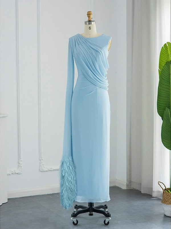 Sheath/Column Sweep/Brush Train Sleeveless Cowl Neck Prom Dress  Chiffon with Feather Ruched Slit