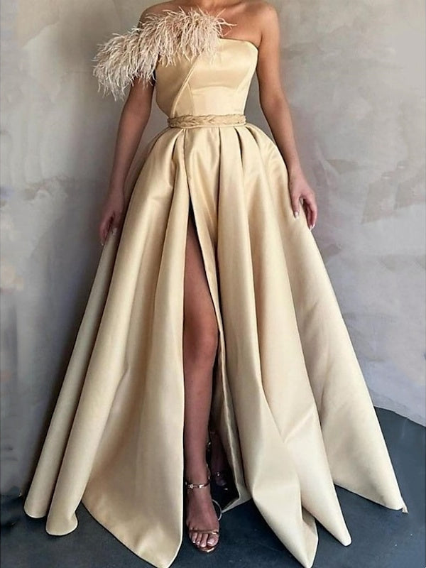 A-Line Floor Length Sleeveless One Shoulder Prom Dress Satin with Feather Slit