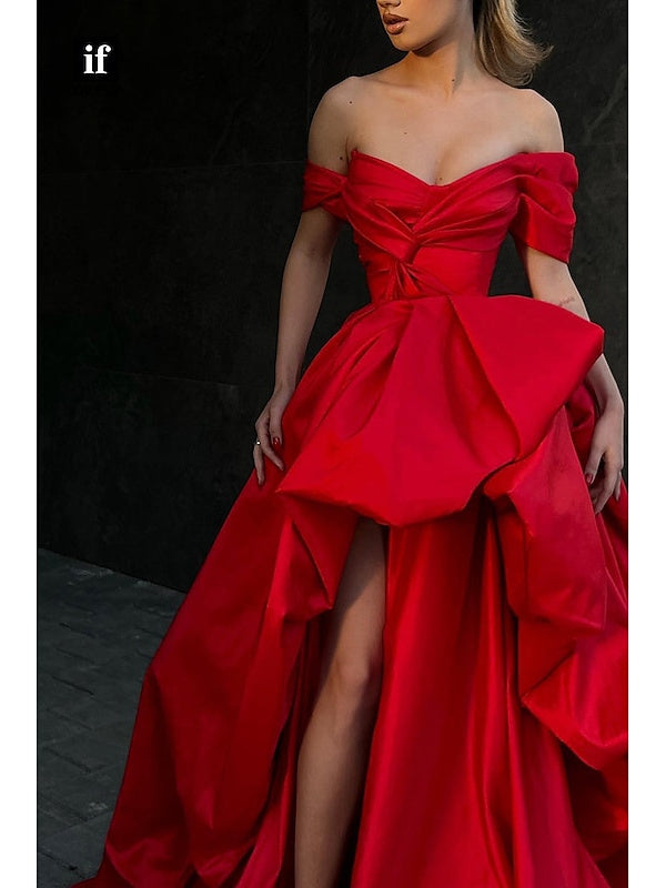 A-Line Sweep/Brush Train Off Shoulder  Sleeveless Prom Satin with Slit