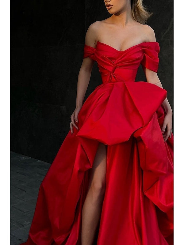 A-Line Sweep/Brush Train Off Shoulder  Sleeveless Prom Satin with Slit