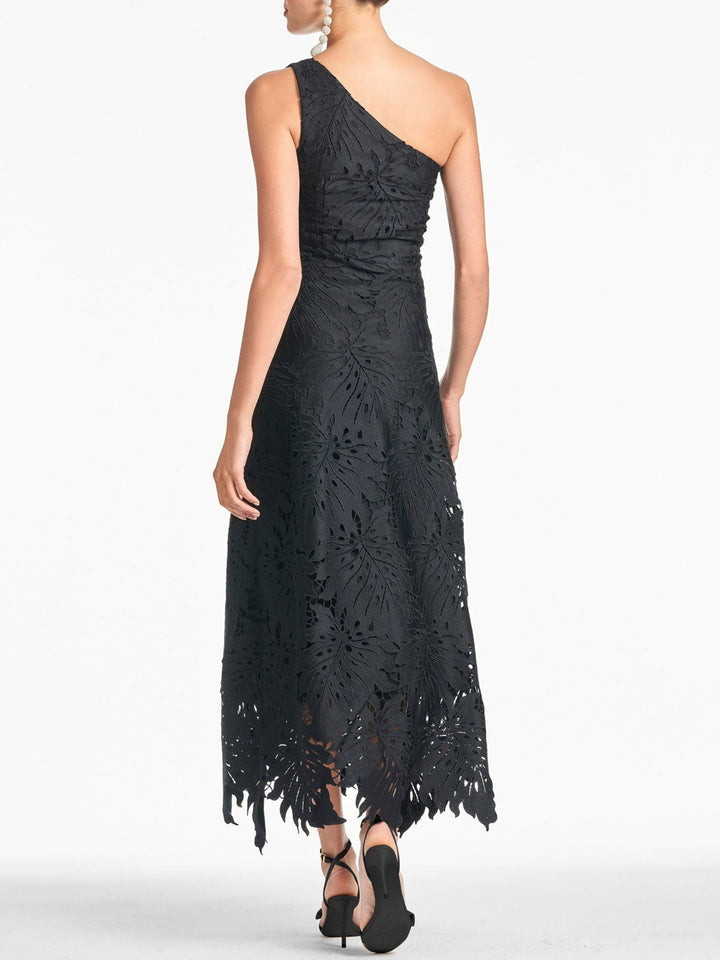 A-Line/Princess One-shoulder Sleeveless Asymmetrical Black Prom Dresses With Appliques Lace