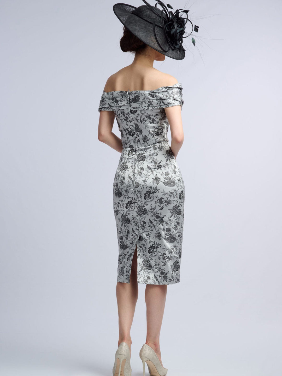 Sheath/Column Off-the-shoulder Short Sleeves Tea Length Evening Dresses With Retro Printed Flower