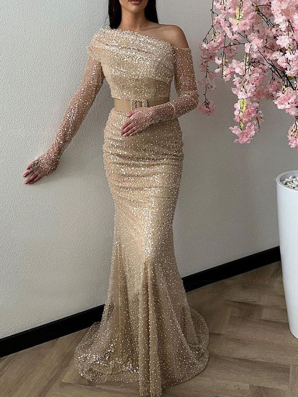 Mermaid/Trumpet One-shoulder Long Sleeves Floor-Length Sequined Evening Dresses