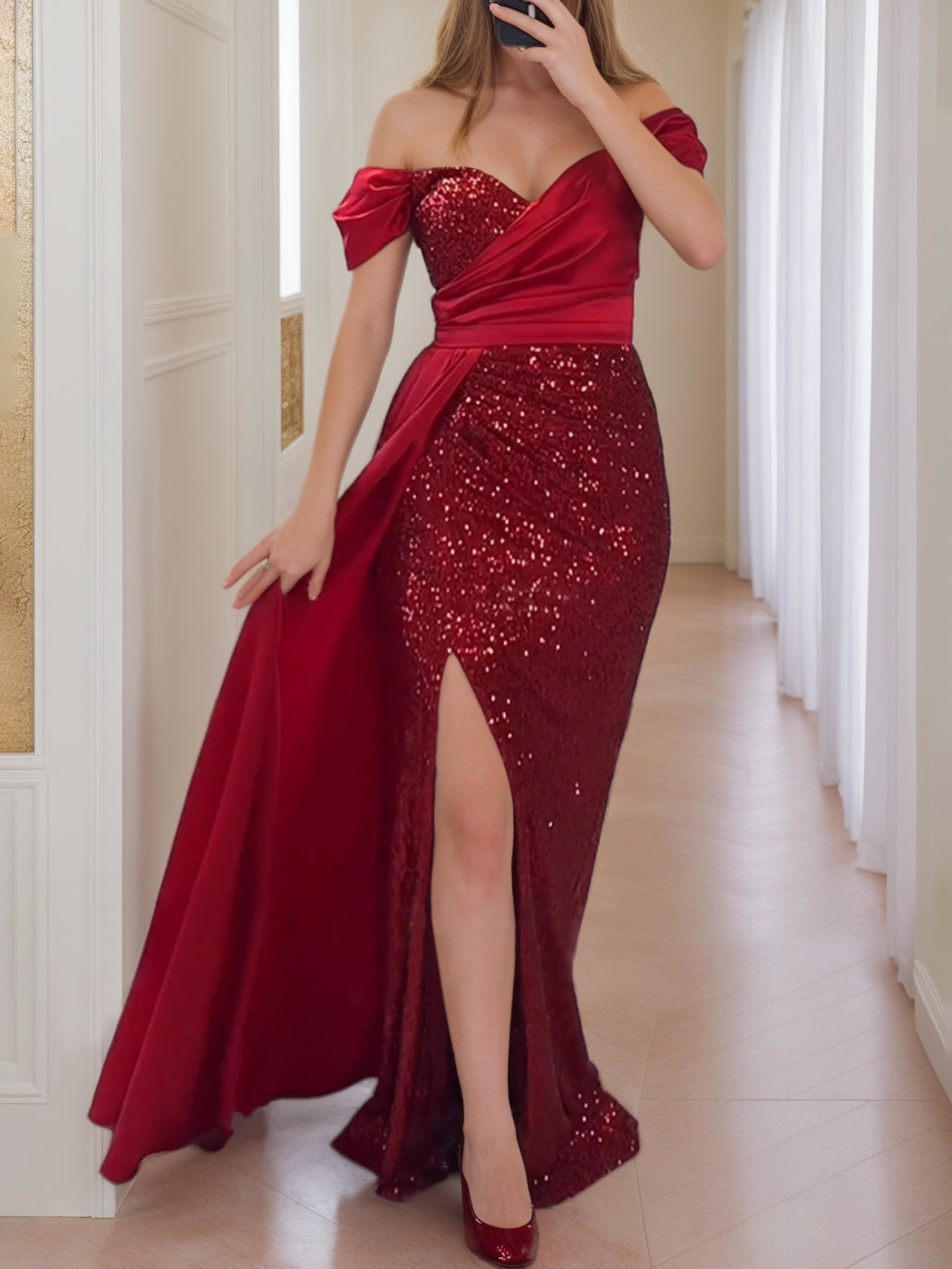 Sheath/Column Red Off-the-shoulder Sequined Evening Dresses with High Split