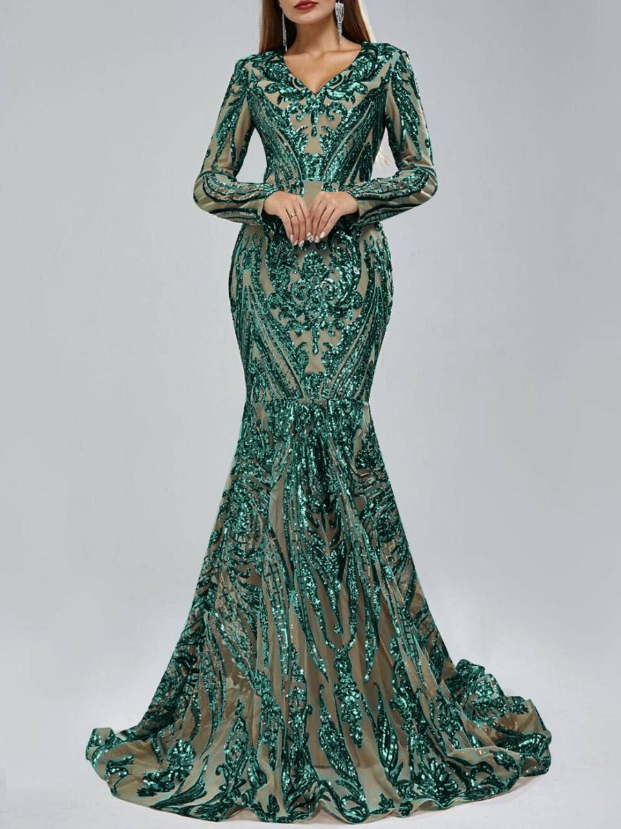 Trumpet/Mermaid V-Neck Long Sleeves Floor-Length Evening Dresses with Sequin