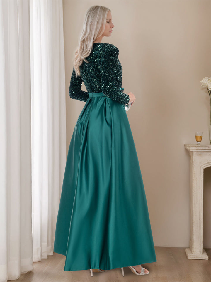 A-Line/Princess V-Neck Long Sleeves Floor-Length Evening Dresses with High Split