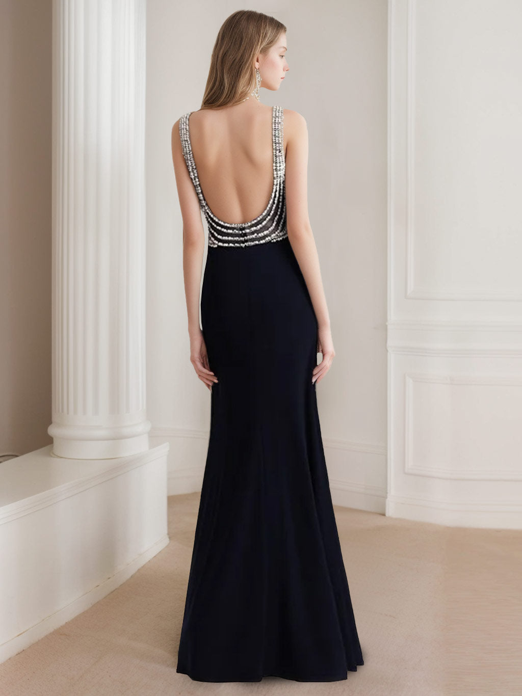 Sexy Trumpet/Mermaid V-Neck Sleeveless Evening Dresses with Pearl