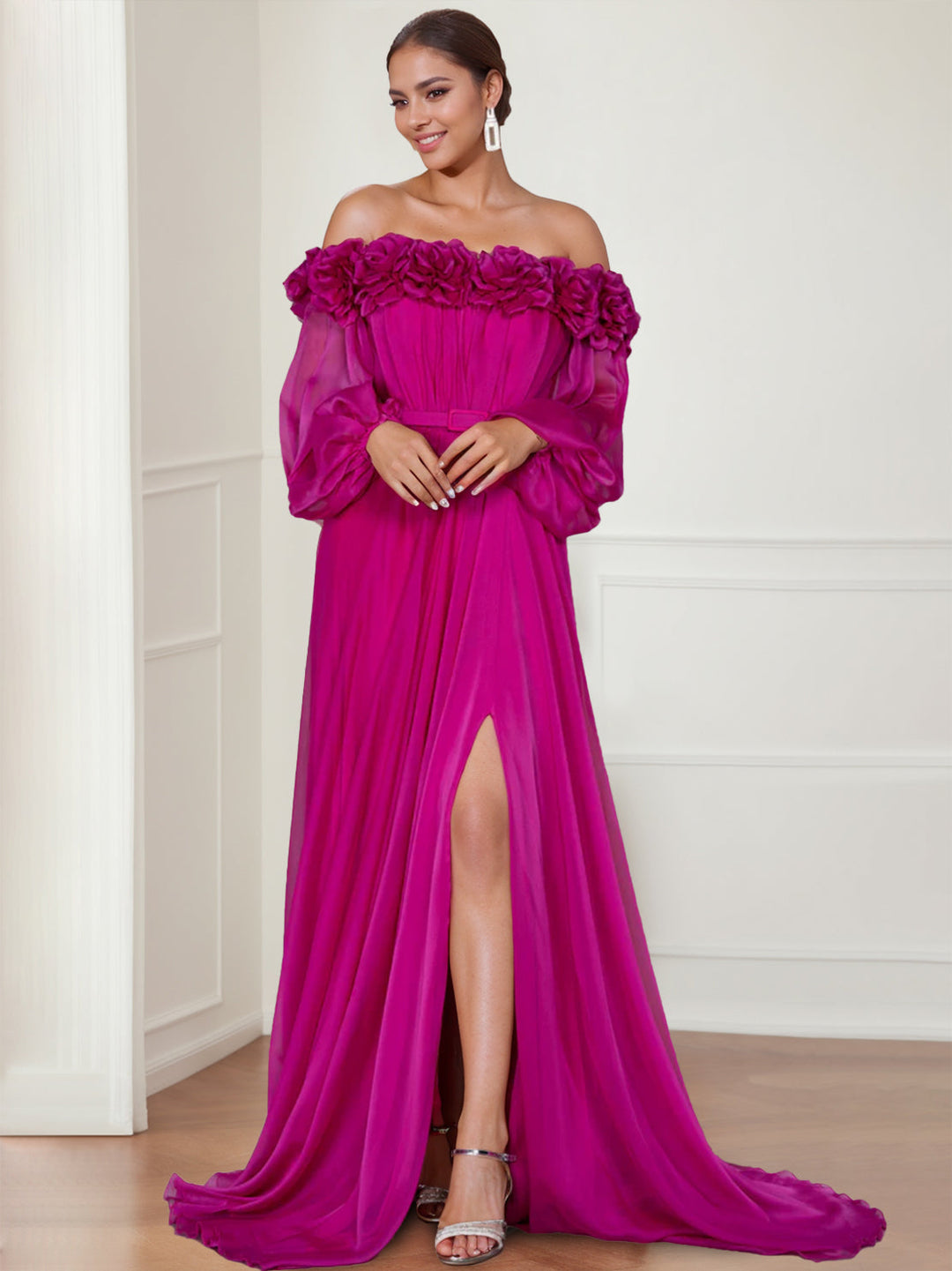 A-Line/Princess Off-the-shoulder Long Sleeves Evening Dresses with Split Side & Flower