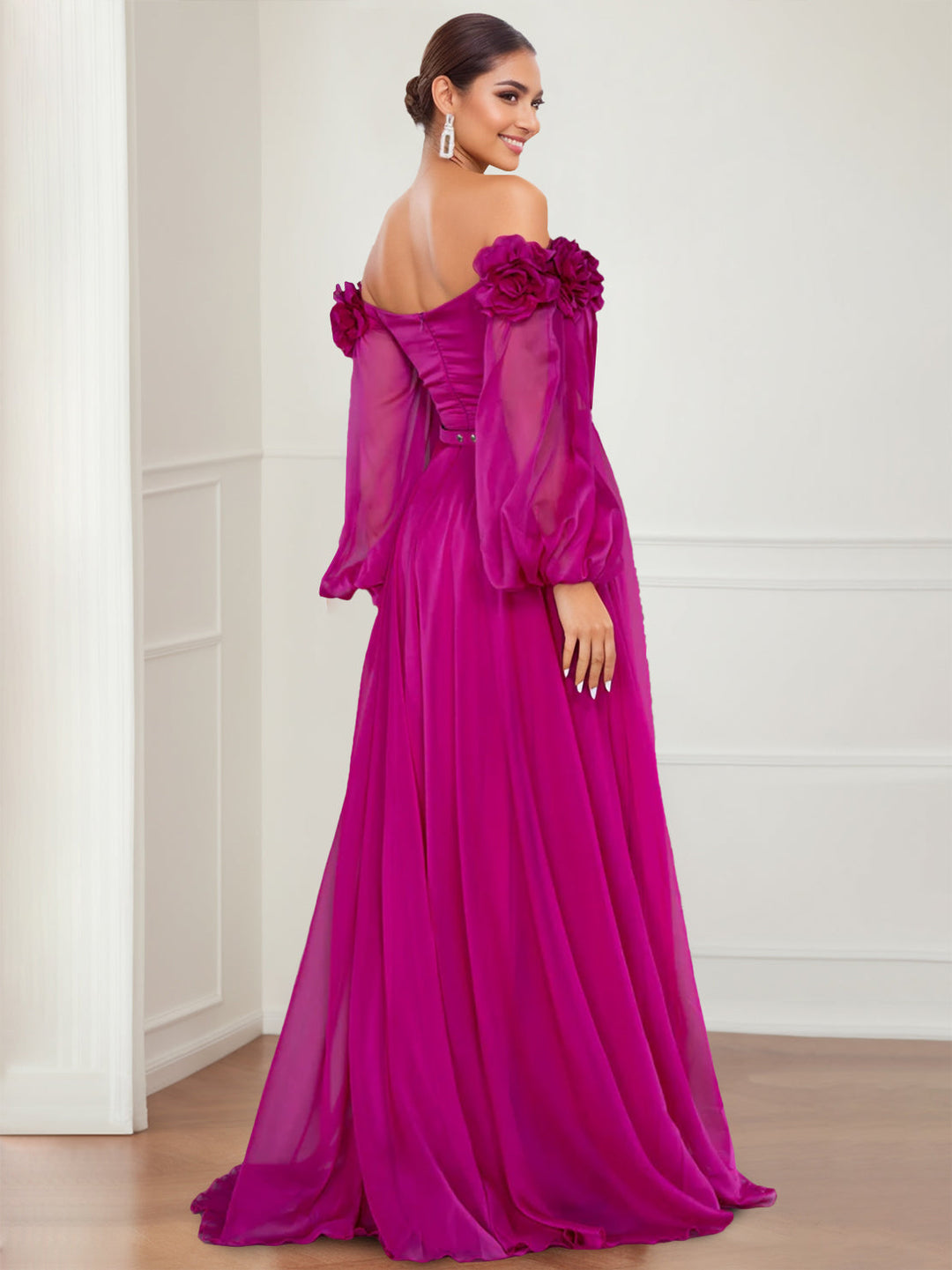 A-Line/Princess Off-the-shoulder Long Sleeves Evening Dresses with Split Side & Flower