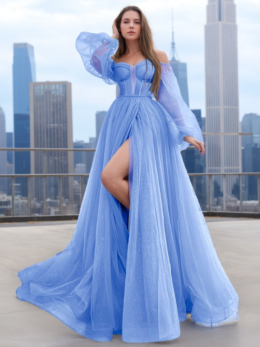 A-Line/Princess Strapless Long Sleeves Long Tulle Prom Dresses with High Split