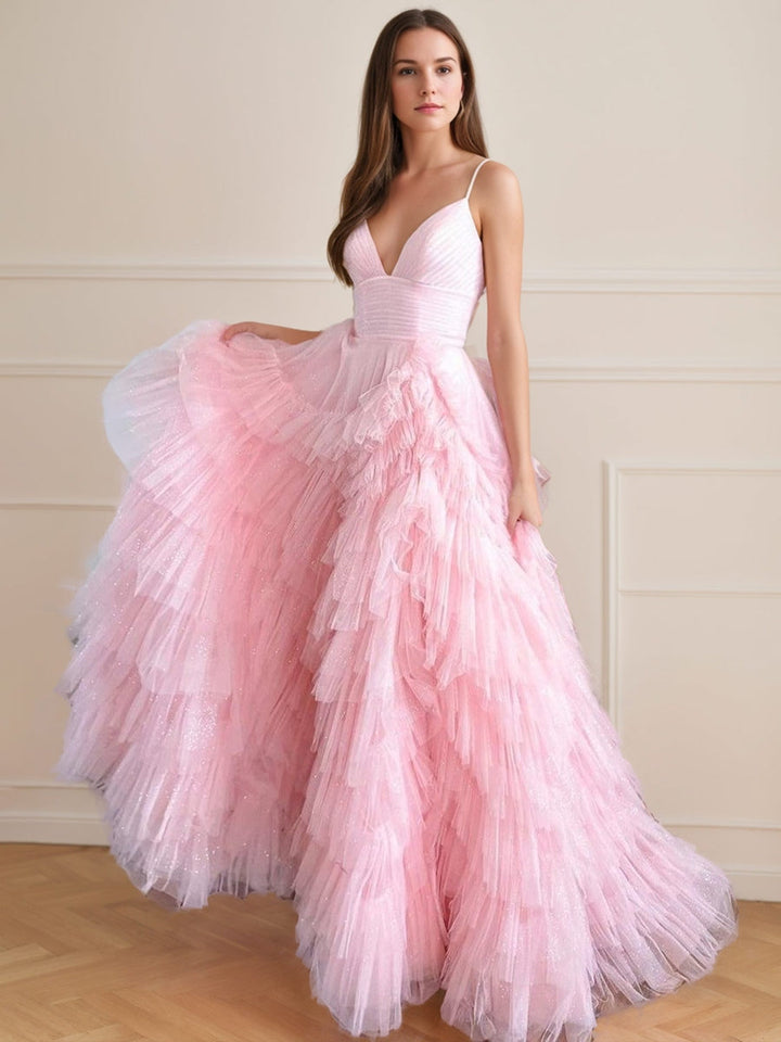 A-Line/Princess Spaghetti Straps Sleeveless Floor-Length Prom Dresses with Ruffles