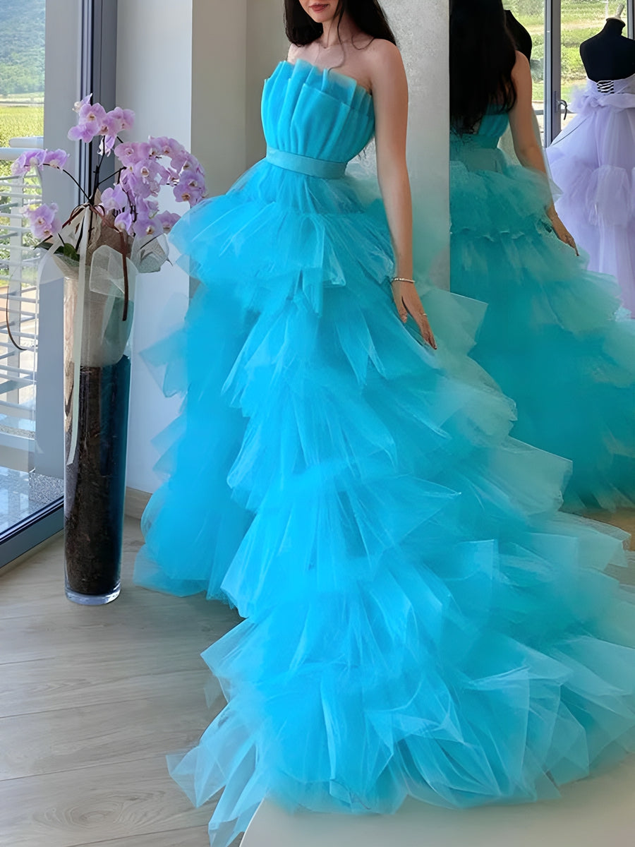 A-Line/Princess Strapless Sleeveless Asymmetrical Ruched Prom Dresses with Ruffles