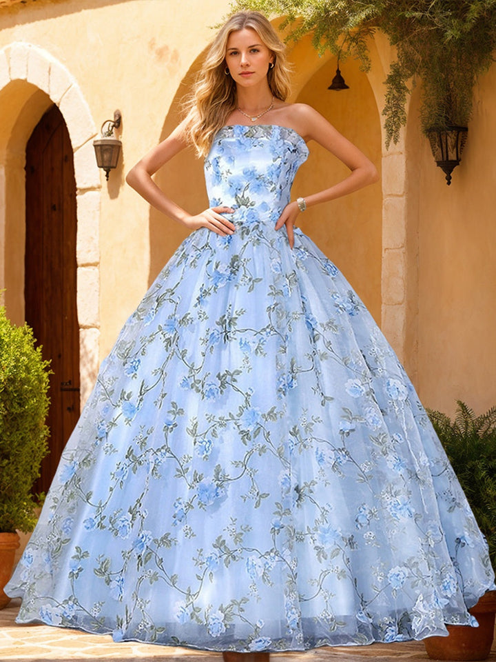 Ball Gown Strapless Sleeveless Organza Prom Dresses with Appliques