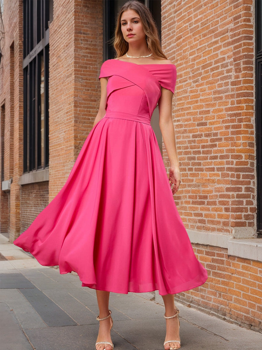 A-Line/Princess Off-the-Shoulder Short Sleeves Ruched Prom Dresses with Ruffles