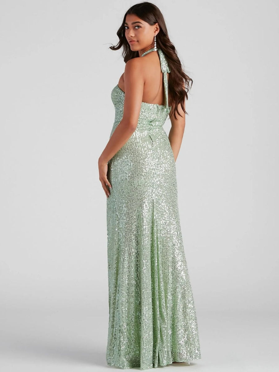 Sheath/Column Halter Sleeveless Sexy Sequined Prom Dresses with High Split