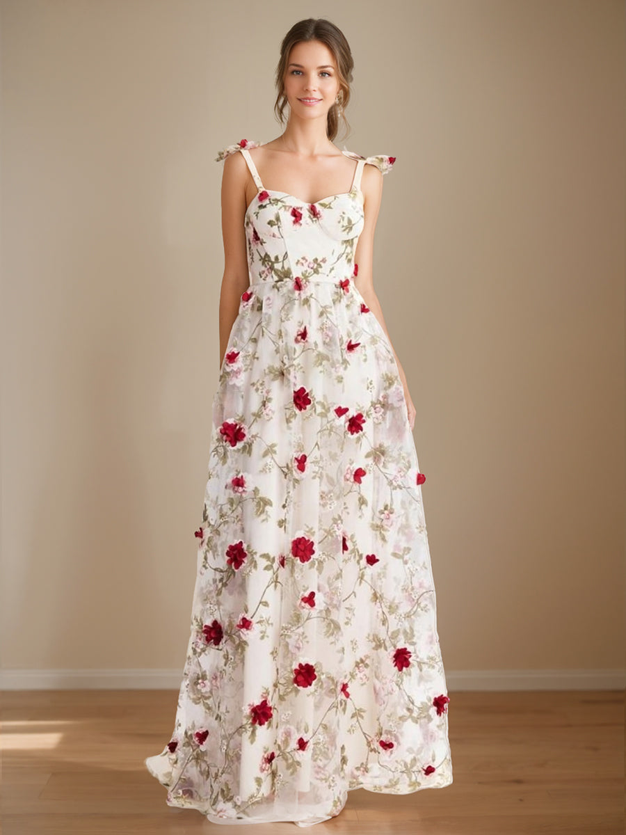 A-Line/Princess Sweet Spaghetti Straps Floor-Length Floral Prom Dresses with Embroidery