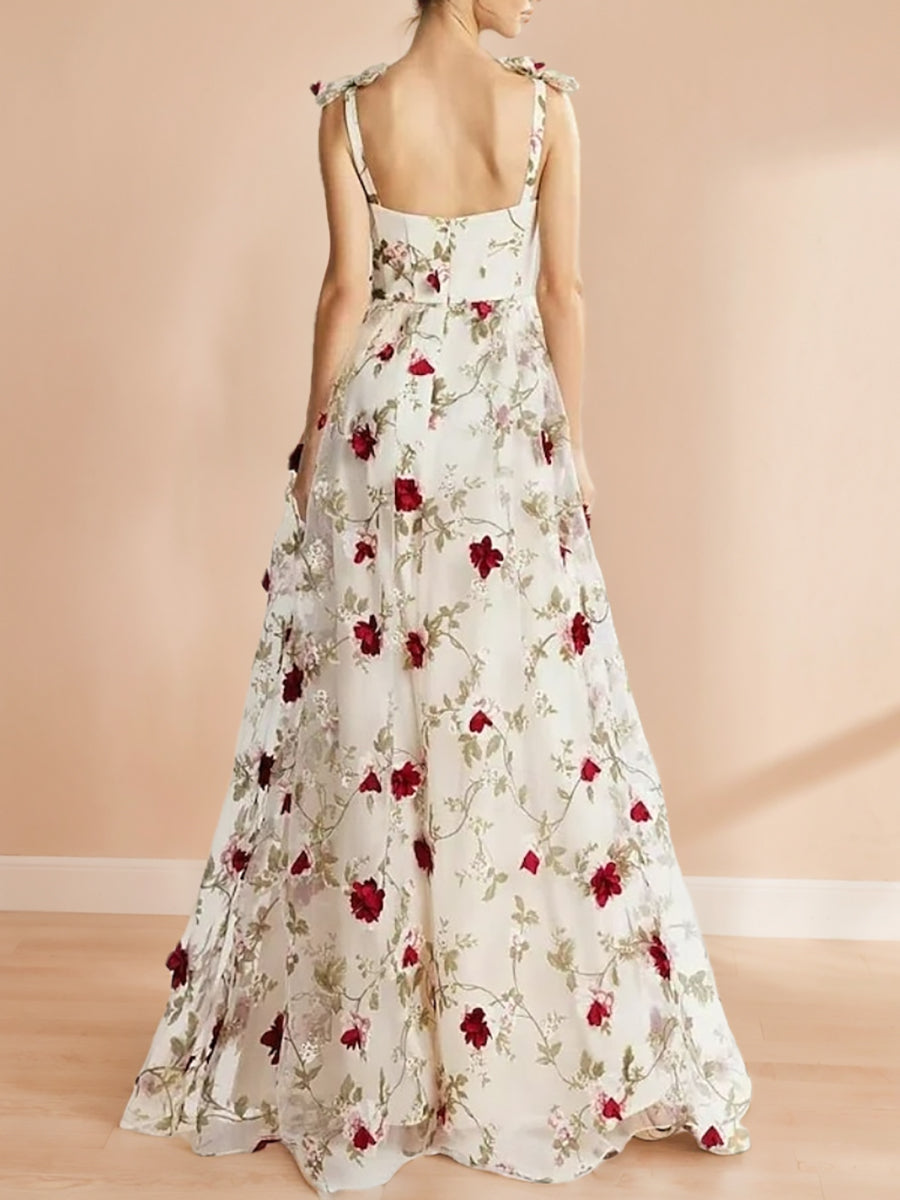 A-Line/Princess Sweet Spaghetti Straps Floor-Length Floral Prom Dresses with Embroidery