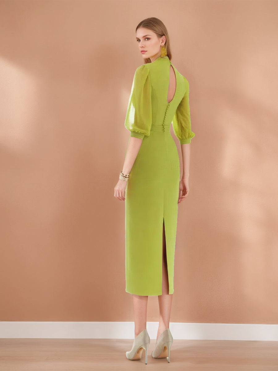 Minimalist Sheath/Column V-Neck Tea-Length Chiffon Cocktail Dresses with Ruches & Pocket