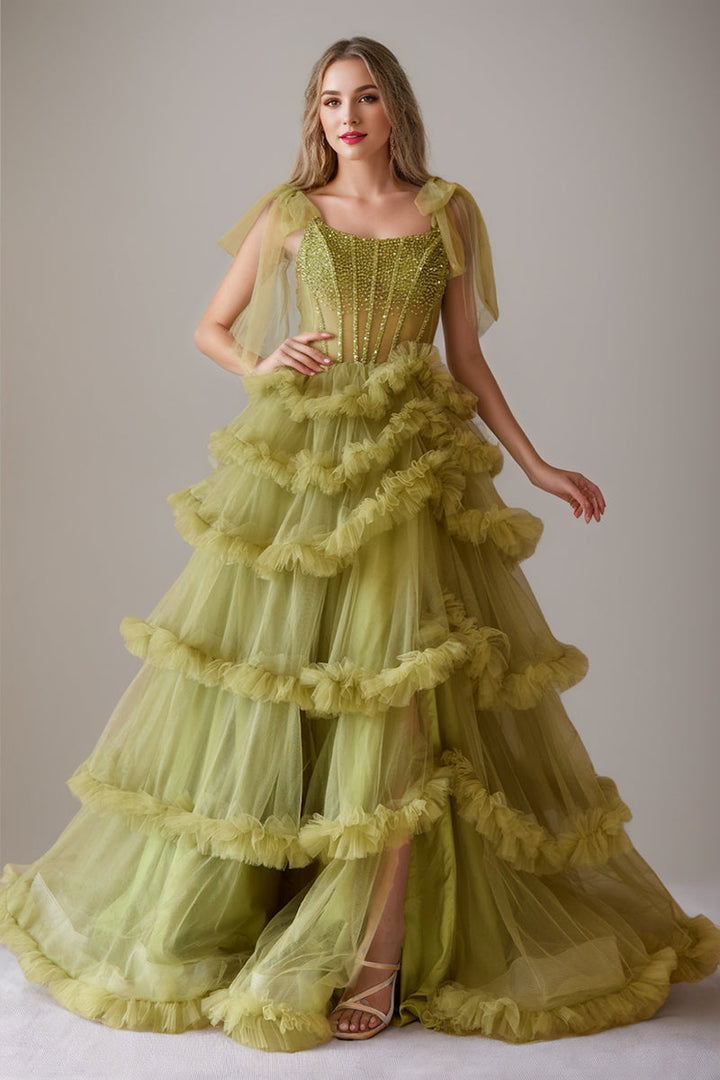 A-Line/Princess Cowl Neck Sleeveless Floor-Length Luxurious Prom Dresses with Crystal & Pleats