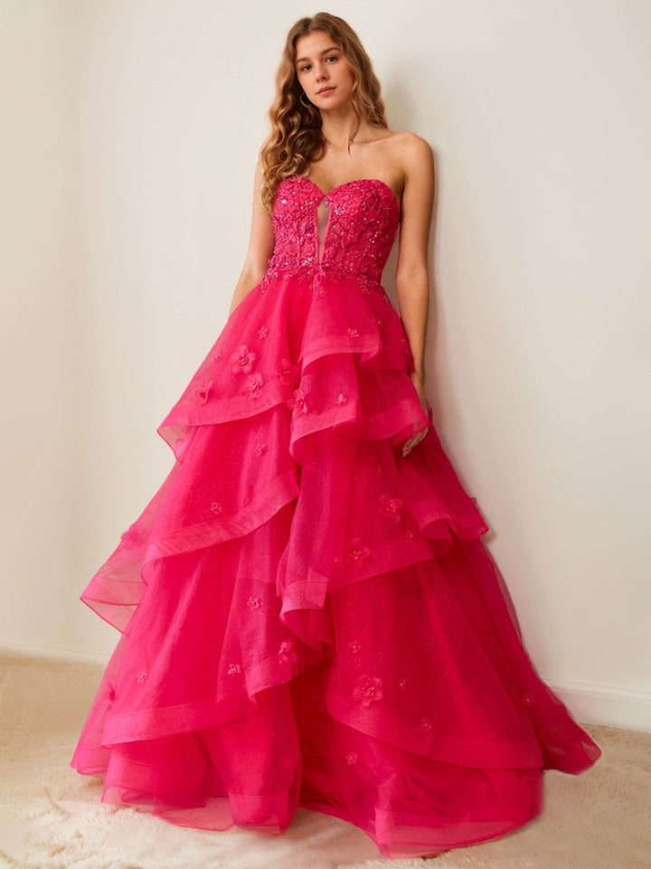 A-Line Strapless Sleeveless Luxurious Pleated Prom Dresses with Beadings & Ruffles & Appliques