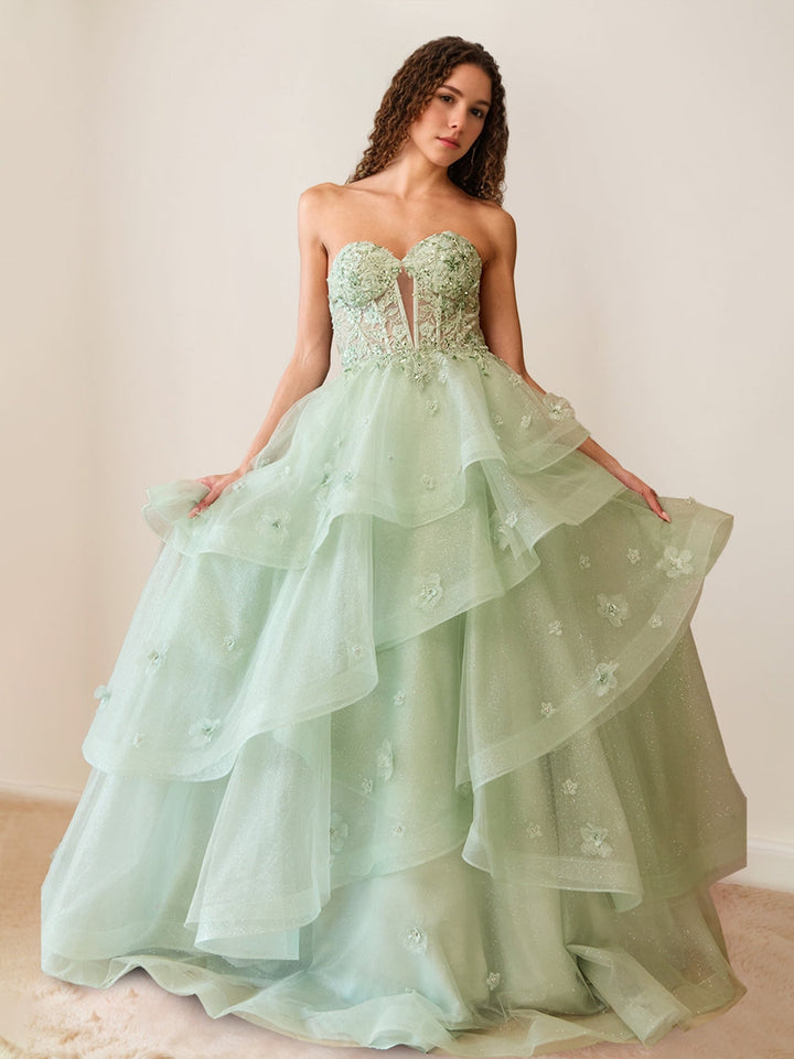 A-Line Strapless Sleeveless Luxurious Pleated Prom Dresses with Beadings & Ruffles & Appliques