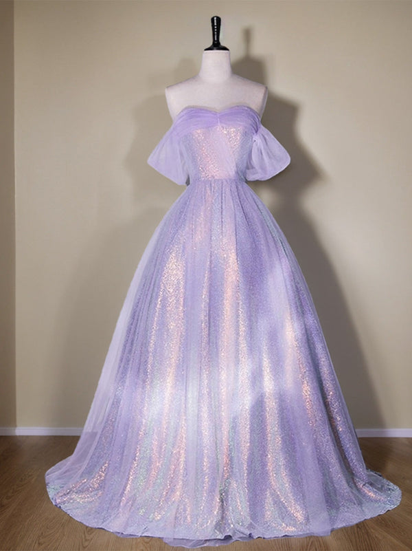 Shining A-Line/Princess Off-the-Shoulder Floor Length Elegant Prom Dresses with Ruffles