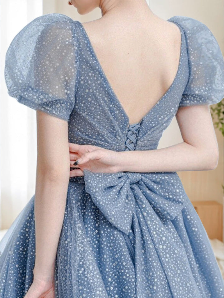 A-Line/Princess V-Neck Short Sleeves Floor Length Elegant Prom Dresses with Bow Belt