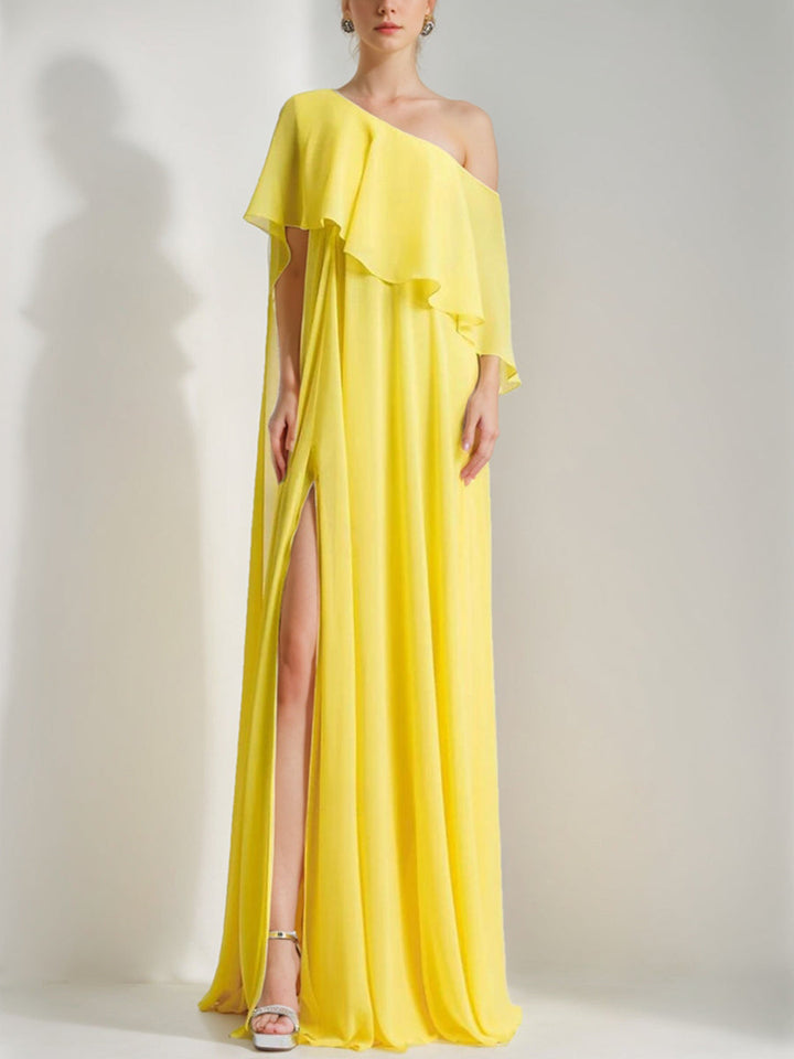 A-Line/Princess One-Shoulder Sleeveless Prom Dresses with Ruffles & High Split