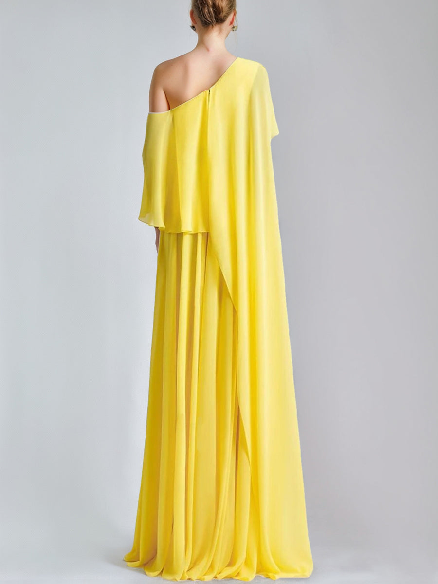 A-Line/Princess One-Shoulder Sleeveless Prom Dresses with Ruffles & High Split